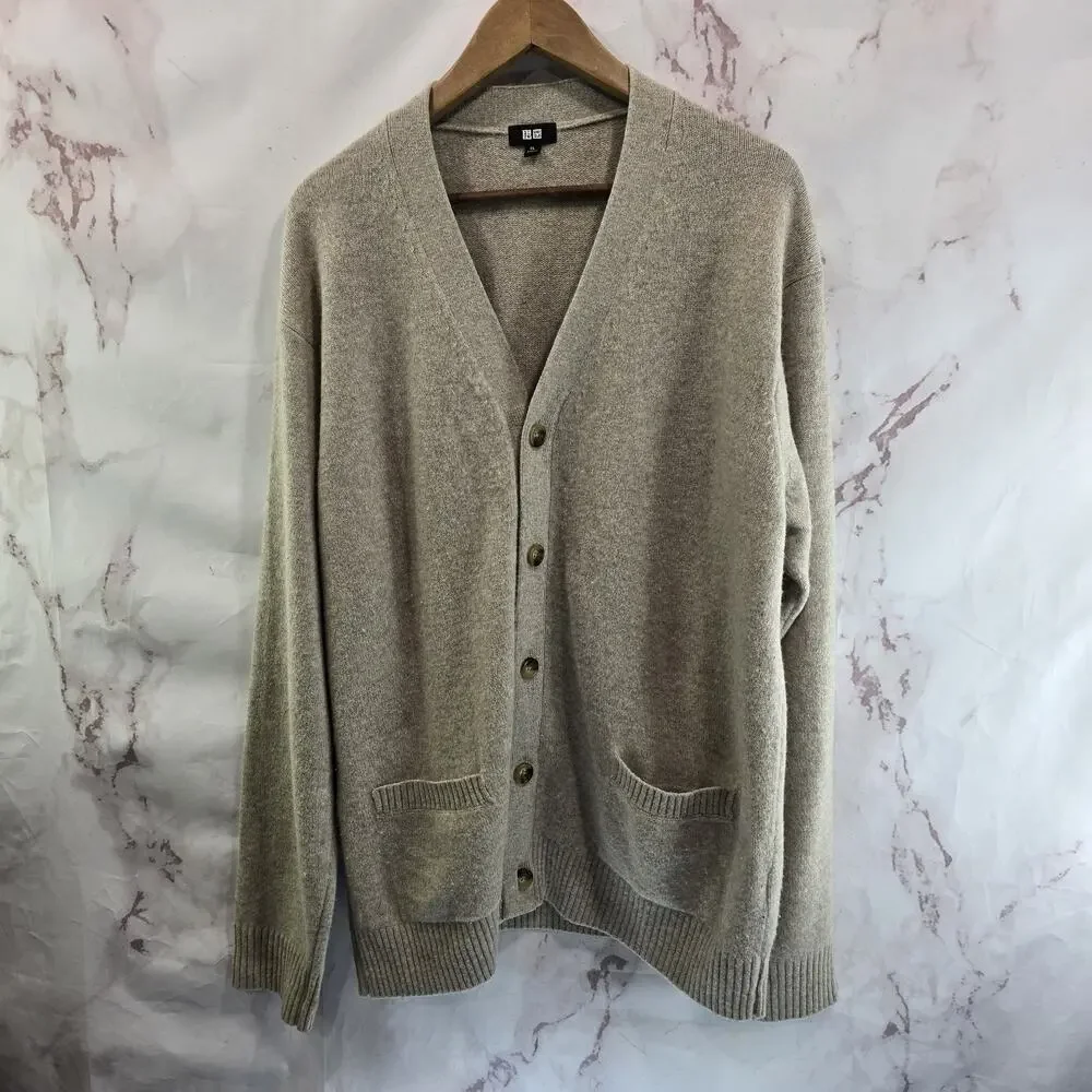 Uniqlo Cardigan Mens XL Beige Wool Thick Dad Grandpa Academic Cosby Core